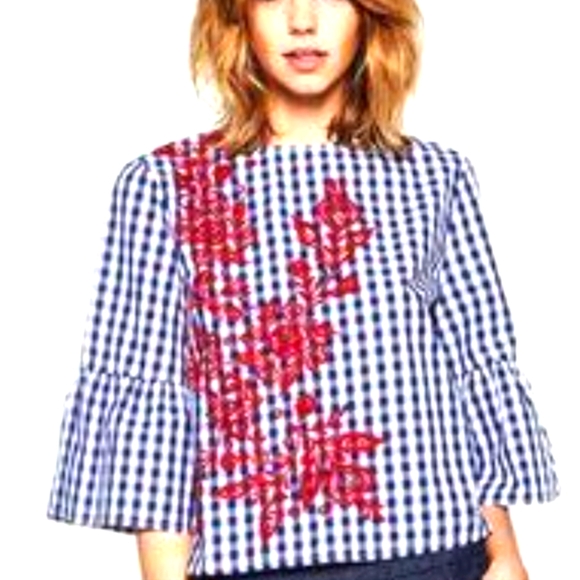 Zara Tops - Zara blue plaid with red floral  embroidery